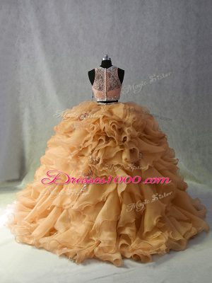 High End Zipper Vestidos de Quinceanera Champagne for Sweet 16 and Quinceanera with Beading and Ruffles and Sequins Brush Train