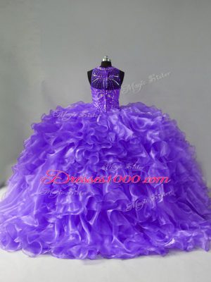 Beading and Ruffles Sweet 16 Quinceanera Dress Lavender Zipper Sleeveless Brush Train