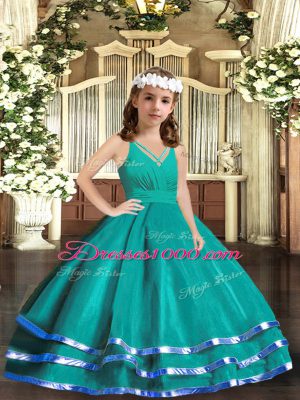 Floor Length Ball Gowns Sleeveless Turquoise Kids Pageant Dress Zipper
