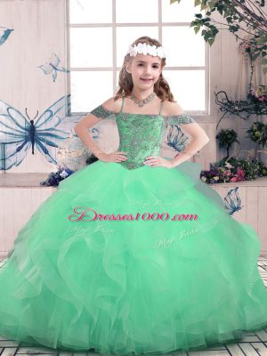 Stunning Apple Green Ball Gowns Off The Shoulder Sleeveless Tulle Floor Length Lace Up Beading and Ruffles Little Girl Pageant Dress