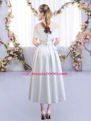 Extravagant Silver Empire Scoop Short Sleeves Satin Tea Length Lace Up Appliques Quinceanera Court of Honor Dress