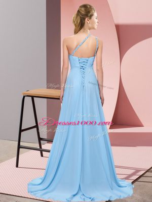 Delicate One Shoulder Sleeveless Lace Up Beading Prom Gown in Aqua Blue