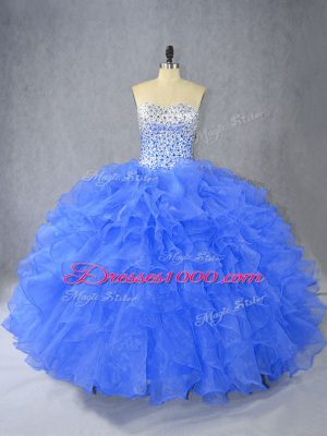 Beading and Ruffles Quinceanera Dress Blue Lace Up Sleeveless Floor Length