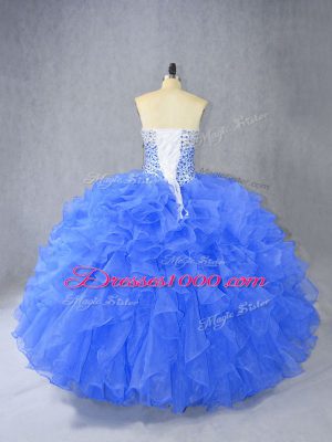 Beading and Ruffles Quinceanera Dress Blue Lace Up Sleeveless Floor Length