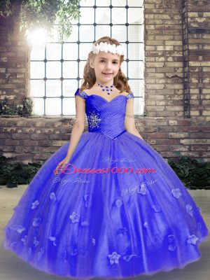 Sleeveless Tulle Floor Length Lace Up Pageant Dress Womens in Blue with Beading and Hand Made Flower