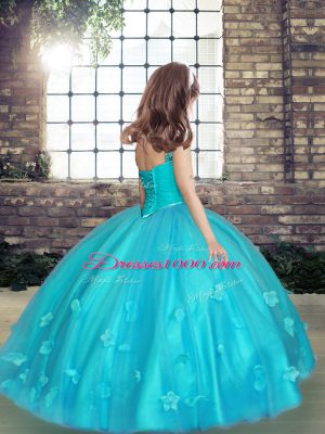 Sleeveless Tulle Floor Length Lace Up Pageant Dress Womens in Blue with Beading and Hand Made Flower