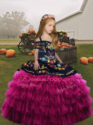 Fuchsia Organza Pageant Dress for Teens Sleeveless Floor Length Embroidery and Ruffles