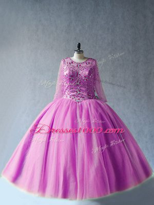 Long Sleeves Floor Length Beading Lace Up Sweet 16 Quinceanera Dress with Lilac
