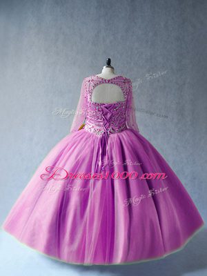 Long Sleeves Floor Length Beading Lace Up Sweet 16 Quinceanera Dress with Lilac