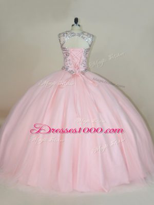 Super Baby Pink Sleeveless Beading Lace Up Quinceanera Gowns