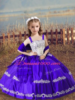 Purple Satin Lace Up Kids Formal Wear Sleeveless Floor Length Beading and Embroidery