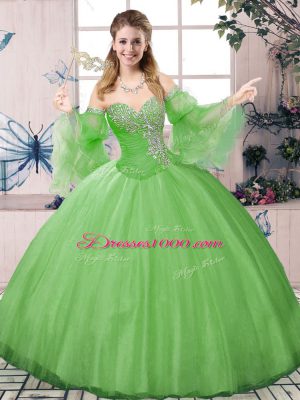 Captivating Long Sleeves Tulle Floor Length Lace Up Ball Gown Prom Dress in Green with Beading