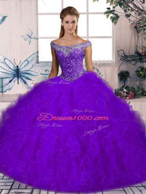 Attractive Purple Lace Up Off The Shoulder Beading and Ruffles Sweet 16 Dress Tulle Sleeveless Brush Train