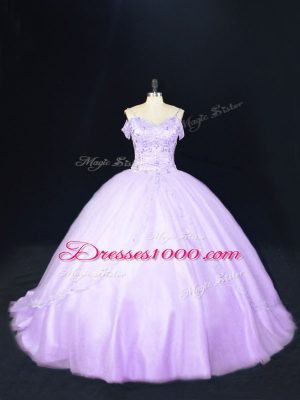 Sleeveless Beading Lace Up Sweet 16 Quinceanera Dress with Lavender Court Train