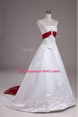 White Lace Up Strapless Beading and Embroidery Wedding Gown Satin Sleeveless Brush Train