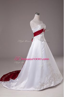 White Lace Up Strapless Beading and Embroidery Wedding Gown Satin Sleeveless Brush Train