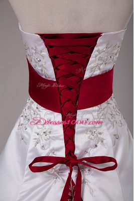 White Lace Up Strapless Beading and Embroidery Wedding Gown Satin Sleeveless Brush Train