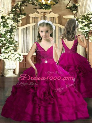 Fuchsia Ball Gowns V-neck Sleeveless Floor Length Backless Beading Child Pageant Dress