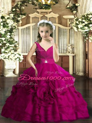 Fuchsia Ball Gowns V-neck Sleeveless Floor Length Backless Beading Child Pageant Dress