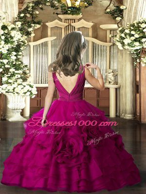 Fuchsia Ball Gowns V-neck Sleeveless Floor Length Backless Beading Child Pageant Dress