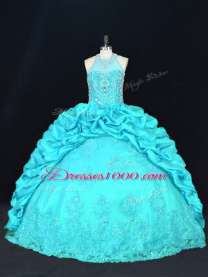Floor Length Lace Up 15th Birthday Dress Aqua Blue for Quinceanera with Beading and Appliques and Embroidery and Pick Ups