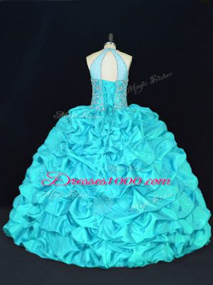 Floor Length Lace Up 15th Birthday Dress Aqua Blue for Quinceanera with Beading and Appliques and Embroidery and Pick Ups