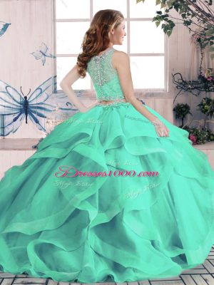 Sleeveless Tulle Floor Length Lace Up Quinceanera Dresses in Purple with Beading and Lace and Ruffles