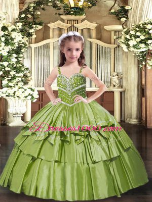 Olive Green Lace Up Straps Beading and Ruffled Layers Evening Gowns Taffeta Sleeveless