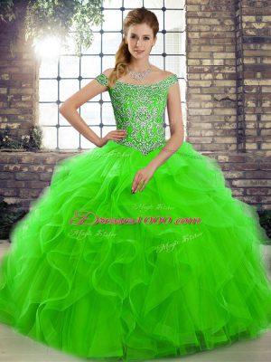 Green Tulle Lace Up Off The Shoulder Sleeveless Quinceanera Dresses Brush Train Beading and Ruffles