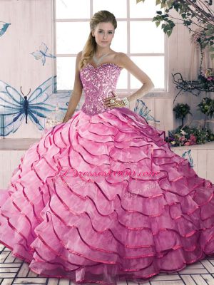 Pink Sleeveless Beading and Ruffles Floor Length Quinceanera Dress