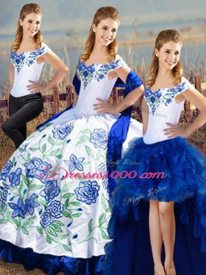 Free and Easy Floor Length Lace Up Quinceanera Dresses Blue And White for Sweet 16 and Quinceanera with Embroidery