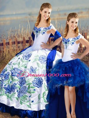 Free and Easy Floor Length Lace Up Quinceanera Dresses Blue And White for Sweet 16 and Quinceanera with Embroidery