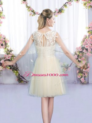 Amazing Champagne Empire Scoop Sleeveless Tulle Mini Length Lace Up Lace and Bowknot Bridesmaids Dress