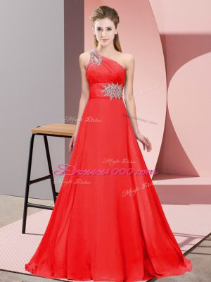 Ideal Red Evening Dress Prom and Party and Military Ball with Beading One Shoulder Sleeveless Brush Train Lace Up