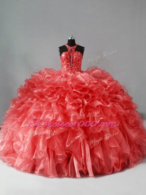 Coral Red Ball Gowns Beading and Ruffles Quinceanera Gown Zipper Organza Sleeveless