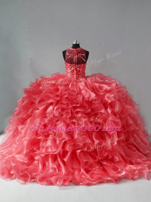 Coral Red Ball Gowns Beading and Ruffles Quinceanera Gown Zipper Organza Sleeveless