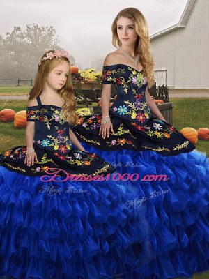 Beauteous Blue And Black Off The Shoulder Neckline Embroidery and Ruffled Layers Quinceanera Gowns Sleeveless Lace Up