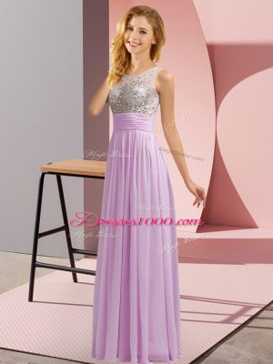 Lavender Side Zipper Quinceanera Court of Honor Dress Beading Sleeveless Floor Length