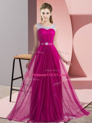 High Quality Fuchsia Empire Chiffon Scoop Sleeveless Beading Floor Length Lace Up Wedding Guest Dresses