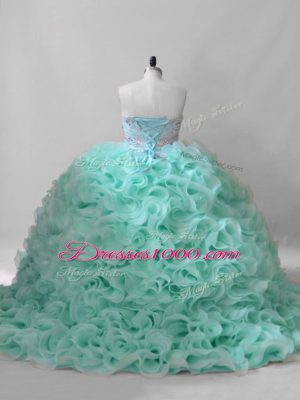 Apple Green Sleeveless Fabric With Rolling Flowers Brush Train Lace Up Sweet 16 Dress for Sweet 16 and Quinceanera