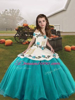 Sleeveless Organza Floor Length Lace Up Little Girls Pageant Gowns in Aqua Blue with Embroidery