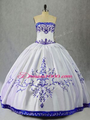 Sumptuous Floor Length Lace Up 15th Birthday Dress Blue And White for Sweet 16 and Quinceanera with Embroidery