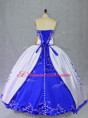 Sumptuous Floor Length Lace Up 15th Birthday Dress Blue And White for Sweet 16 and Quinceanera with Embroidery