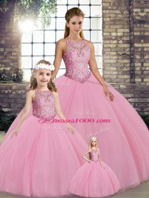 Latest Tulle Scoop Sleeveless Lace Up Embroidery Sweet 16 Quinceanera Dress in Pink