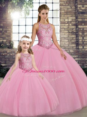 Latest Tulle Scoop Sleeveless Lace Up Embroidery Sweet 16 Quinceanera Dress in Pink