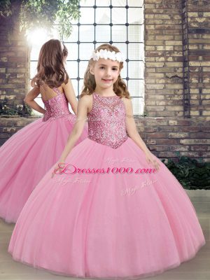 Latest Tulle Scoop Sleeveless Lace Up Embroidery Sweet 16 Quinceanera Dress in Pink