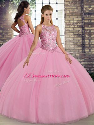 Latest Tulle Scoop Sleeveless Lace Up Embroidery Sweet 16 Quinceanera Dress in Pink