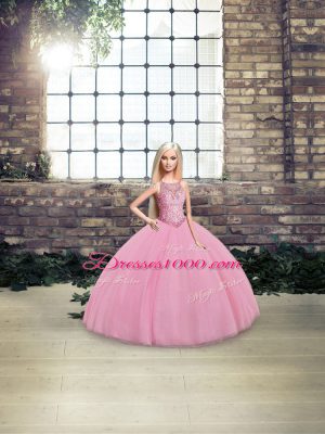 Latest Tulle Scoop Sleeveless Lace Up Embroidery Sweet 16 Quinceanera Dress in Pink