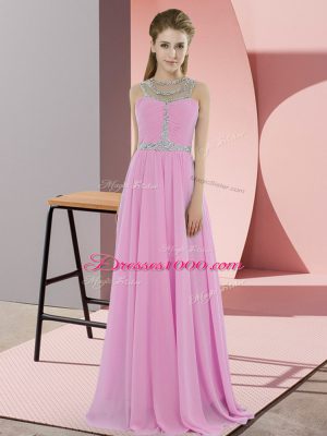 Flare Sleeveless Floor Length Beading Zipper Evening Party Dresses with Rose Pink