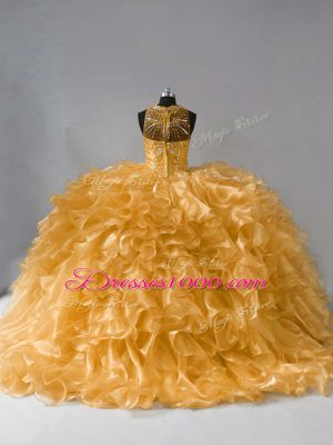 Glittering Floor Length Gold Sweet 16 Dress High-neck Sleeveless Zipper